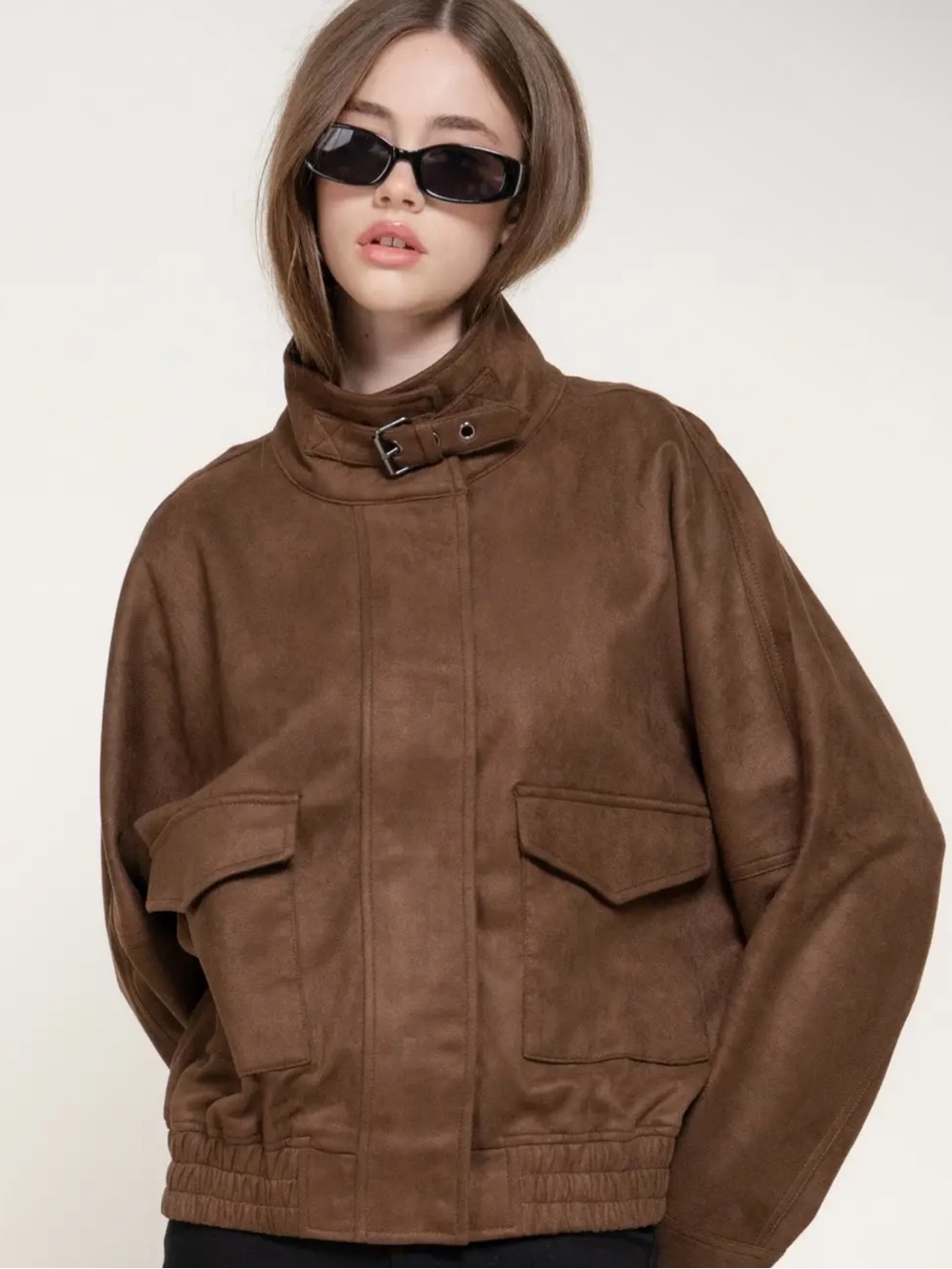 A566 Brown Faux  Suede Bomber Jacket with Buckle Collar